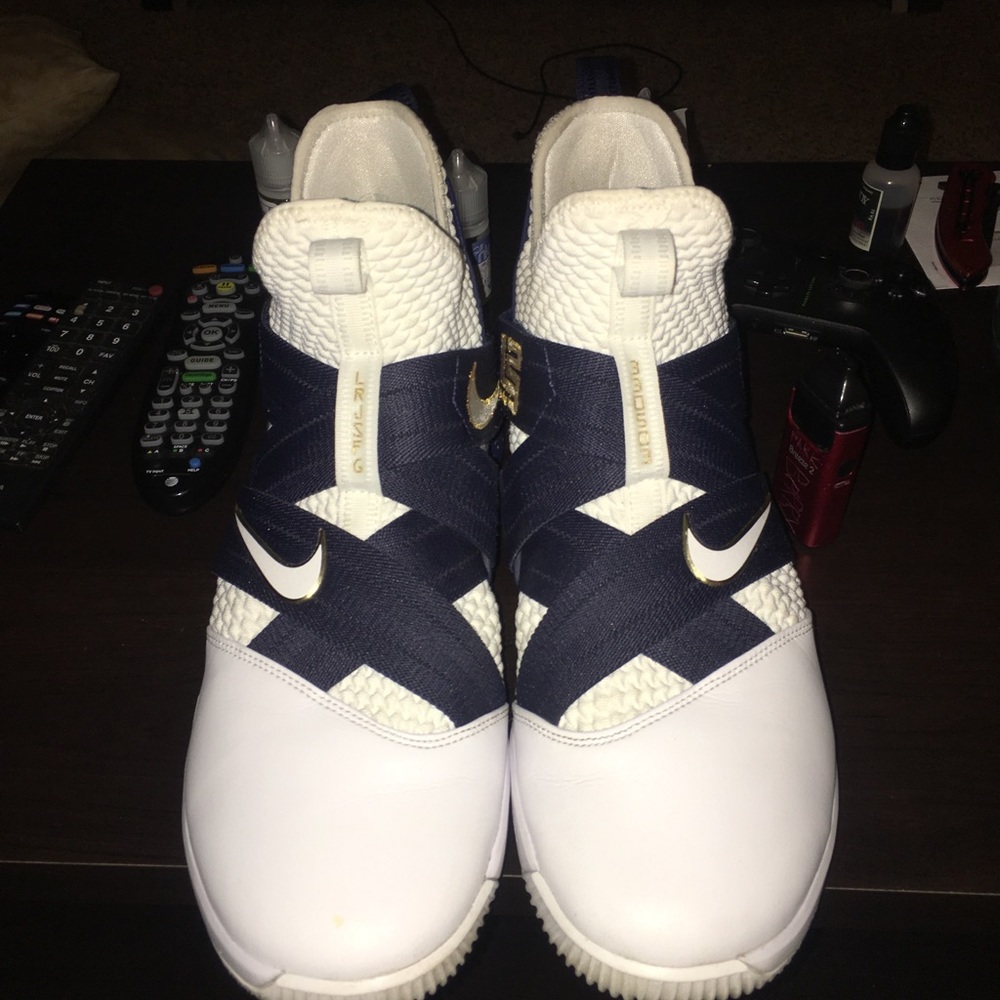 White/Gold/Blue Lebron Shoes